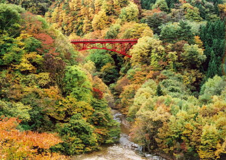 松川渓谷の紅葉と高井橋の写真