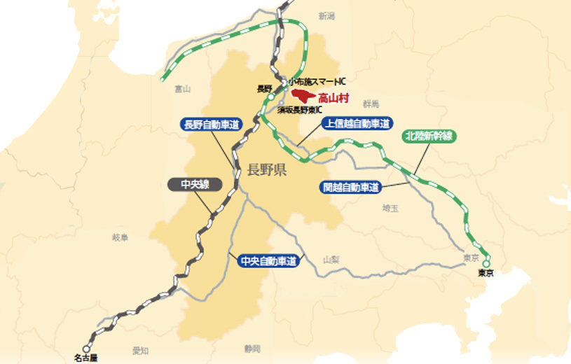 東京名古屋から高山村までの日本地図